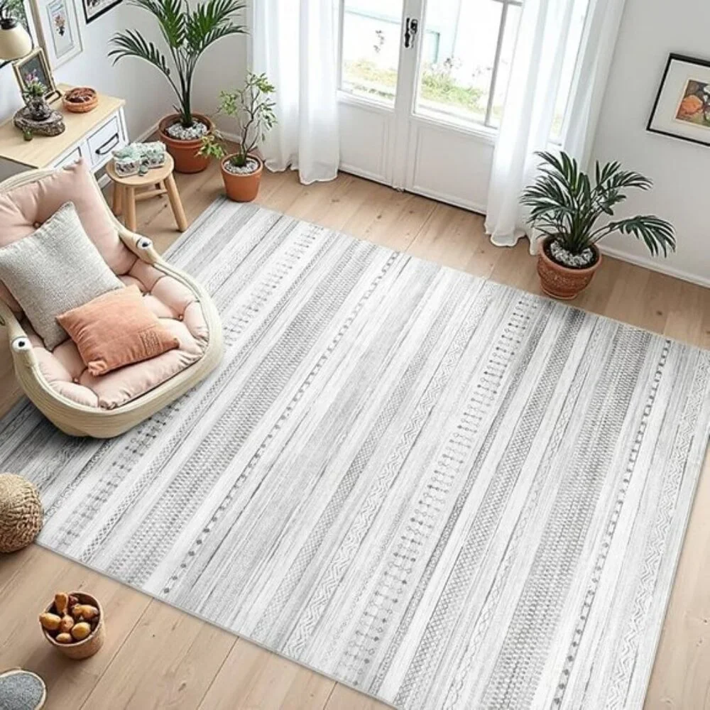 New 5x7 Grey Area Rug, Washable Soft Geometric Carpet for Home, Room & Office